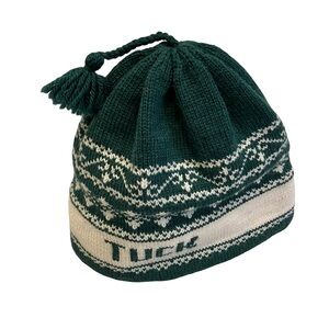 Vintage Vermont Originals Handcrafted Wool Hat Green White Pom Tuck Knitted